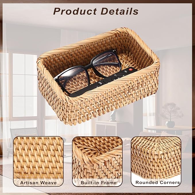 BTSKY Remote Control Basket 7.9" x 5.1", Decorative Small Basket Handwoven Rattan Storage for Jewelry, Cosmetics, Wicker Organizer Rattan Holder for Living Room Coffee Table Entryway Bedroom Vanity