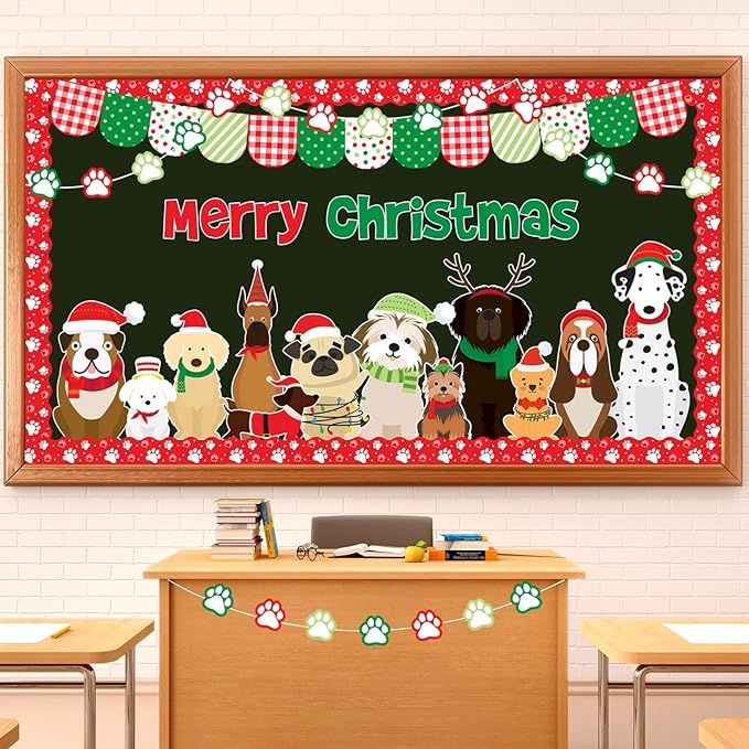 JarThenaAMCS 73Pcs Christmas Pet Dog Bulletin Board Decoration Set Cute Puppy Theme Paper Cutouts for Xmas Holiday School Classroom Chalkboard Decor