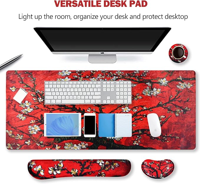ARTSO Large Gaming Mouse Pad, Keyboard Wrist Rest Pad & Wrist Support Mousepad Set, Stitched Edge, Extended, Non-Slip Base, Memory Foam Desk Mat 4pcs for Office & Home, Red Van Gogh Painting