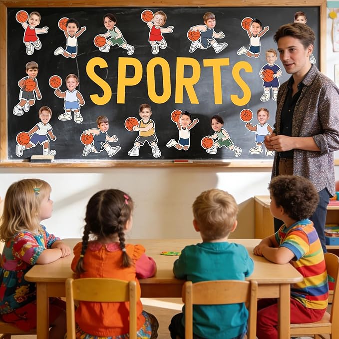Whaline 50 Pcs Basketball DIY Cutouts Sports Ball Cut-Outs Basketball Player Paper Cutting with 100 Pcs Glue Points for Crafts Birthday Party Classroom Bulletin Board Photo