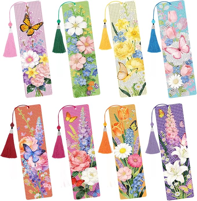 Diamond Art Painting Bookmarks - 8 PCS DIY Flower Butterfly Diamond Painting Kits for Adults Spring Art Craft Supplies Birthday Festival Gift for Beginners Book Lovers
