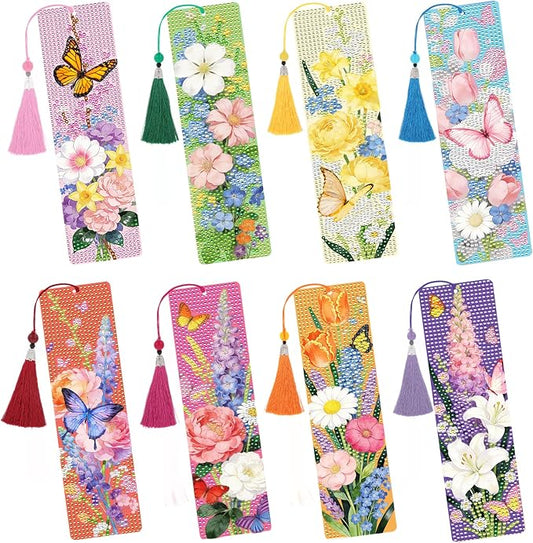 Diamond Art Painting Bookmarks - 8 PCS DIY Flower Butterfly Diamond Painting Kits for Adults Spring Art Craft Supplies Birthday Festival Gift for Beginners Book Lovers
