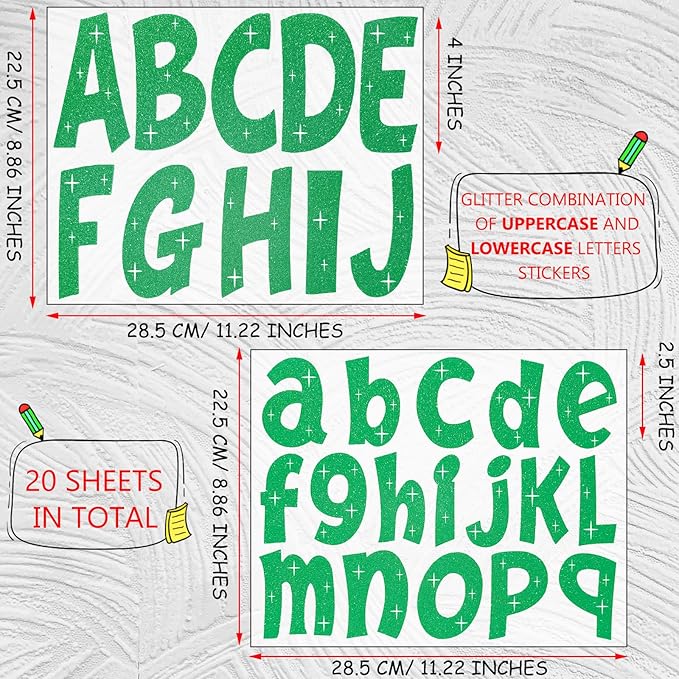 260 PCS Bulletin Board Letters 4 Inch Glitter Large Sticker Letters for Bulletin Board Self-Adhesive Alphabet Poster Board Letter for Classroom Home School Decor(Green)