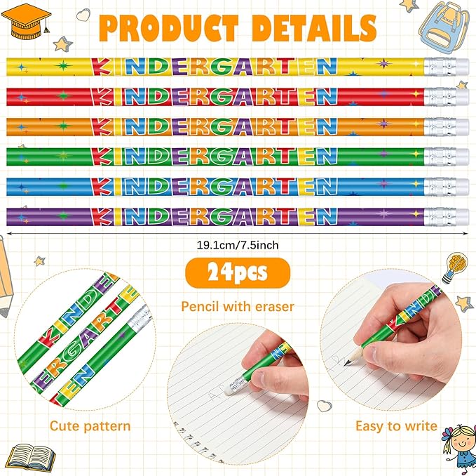AmazingSpark 24 Pack Kindergarten Pencils for Kids Cute Pencils and Erasers for Back to School Supplies List for I'm Going to Kindergarten Spring Semester Year 2026 First Day of Classroom Reward Gift