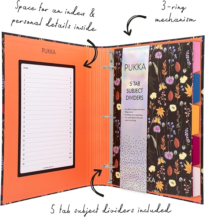 Pukka Pad, Bloom A4 Preloaded 3-Ring Binder – Includes Personal Details and Planner Pages – Comes Preloaded with 5-Part Dividers – Standard 3-Ring Mechanism - Black