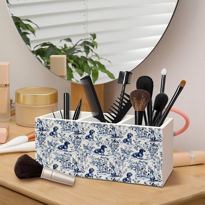 Chinoiserie Dachshund Pen Pencil Holder for Desk, Dachshund Lovers Gifts, Blue and White Wiener Dog Floral Botanical Decorative Sign for Home Office Desk Tabletop Decor