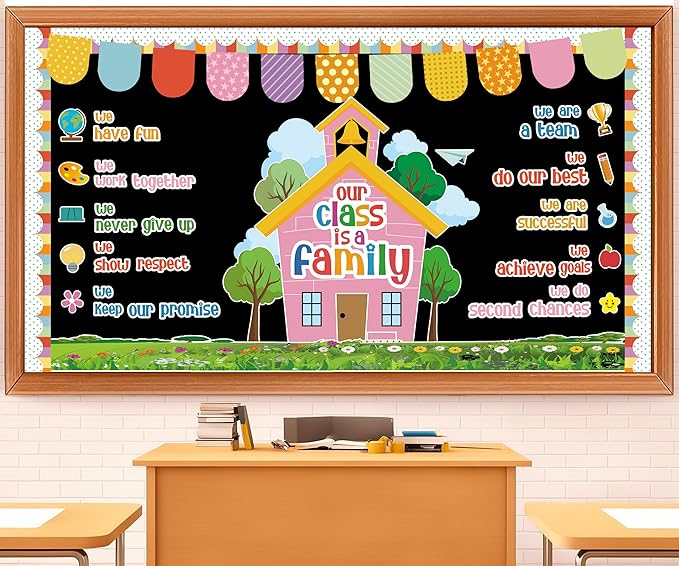 Our Class is A Family Motivational Bulletin Board Set – Colorful Positive Affirmation Classroom Decor – Inspirational Quote Paper Cutouts for Back to School, Nursery, Chalkboard & Wall Supplies