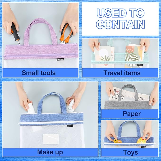 Zhehao 6 Pcs Student Book Pouches with Handle Document Bag Sew Project Bag for Quilting Mesh Zipper Pouch File Artwork Storage Organize for A4 Files, 14 x 11 Inch