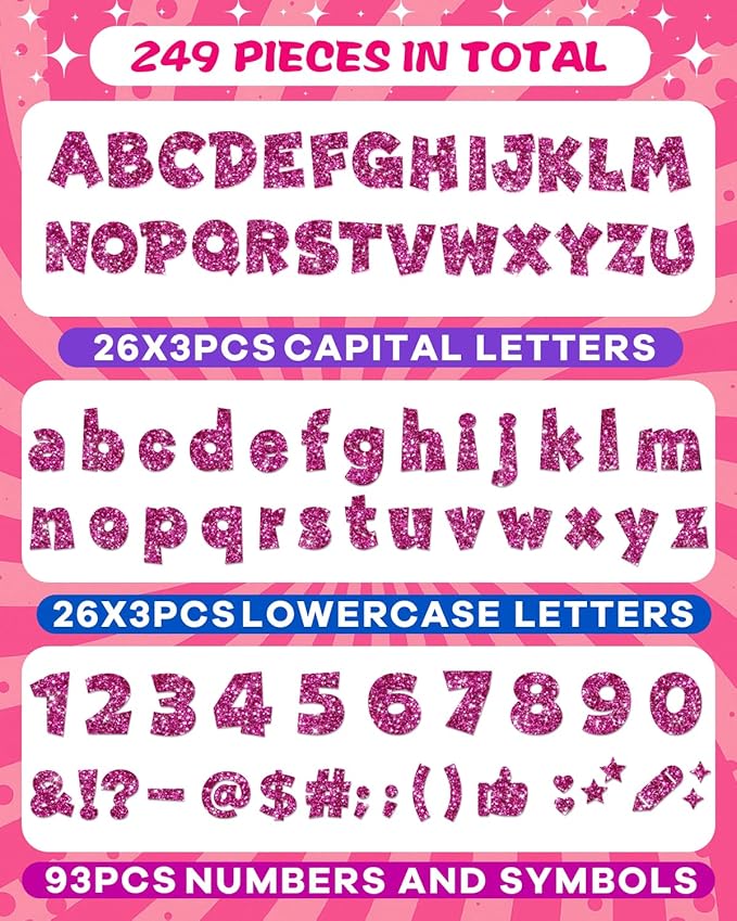 249 Pcs Glitter Bulletin Board Letters Numbers and Punctuation, 4 Inch Alphabet Poster Board Cardboard Letter Cutouts with Adhesive Dots for Classroom Bulletin Board School Decorations (Hot Pink)