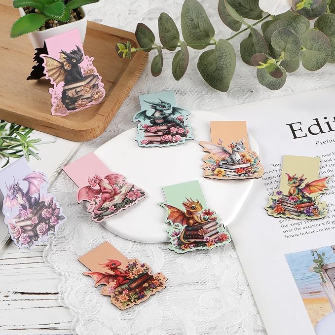 Fantasy Dragon Magnetic Bookmarks - 8 PCs Funny Book Flower Marks for Reading Lovers Men Magnets Cool Unique Aesthetic Page Clip Gifts for Women Kids Novel Fans Boys Student Teacher School