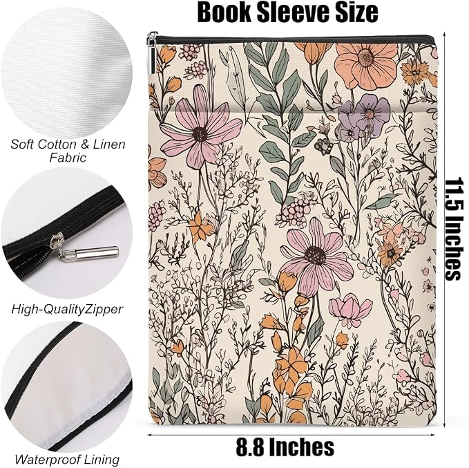 Floral Book Sleeve, Wildflower Book Covers for Paperbacks, Garden Flowers Book Pouch Book Protector, Book Lovers Gifts for Women Girls Friend, Book Accessories Book Club Gifts Christmas Birthday Gifts