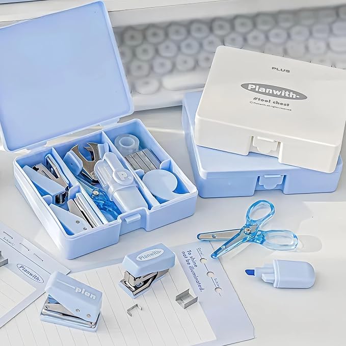 8-Piece Mini Office Supplies Kit Set - Portable Desk Accessories Set for School, Office & Back to School Gift (Blue)