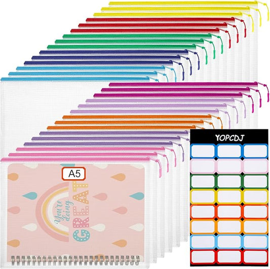 YOPCDJ 30PCS Mesh Zipper Pouch Bags, A5 9.4x6.9 Inches Waterproof Mesh Bags with Zipper, Plastic Zipper Pouches for Organizing, Mesh Bags for Travel Storage School Supplies, 10 Colors Assortment