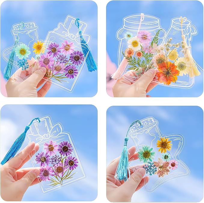 40 PCS Transparent Dried Flower Bookmarks, 2025 New Clear Jars Stickers Set, Can Be Treasured for a Long Time, for Book Lovers (40Pcs Bookmarks-Set A)