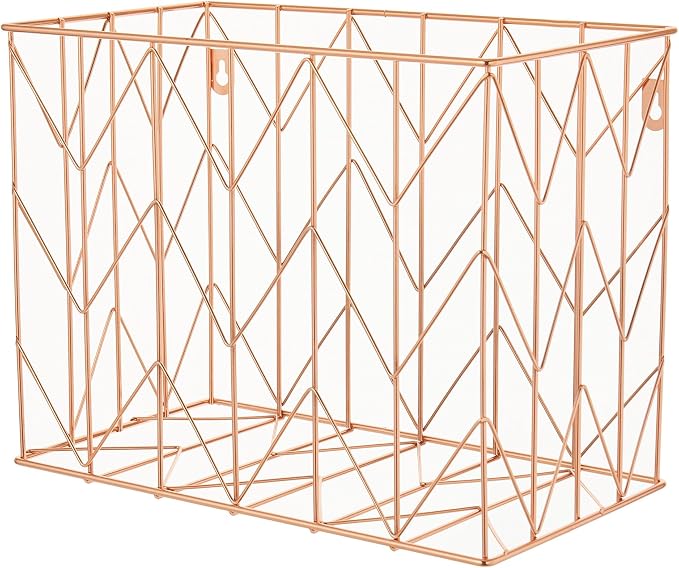 1 Pack Rose Gold Hanging File Organizer, Decorative Metal File Storage Basket for Letter Size Folders, Desk Organizer for Home Office
