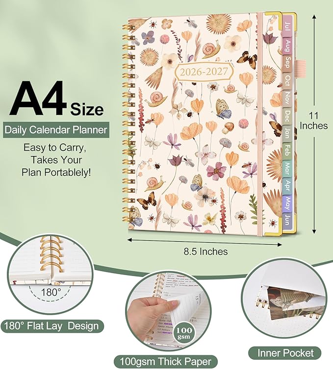 Academic Planner 2026-2027, Hardcover Weekly and Monthly Calendar Planner from July 2026 - June 2027, Daily Agenda Planners with Tabs, College School Organizer for Student Teacher, A4 (8.5" x 11"), Insect Garden