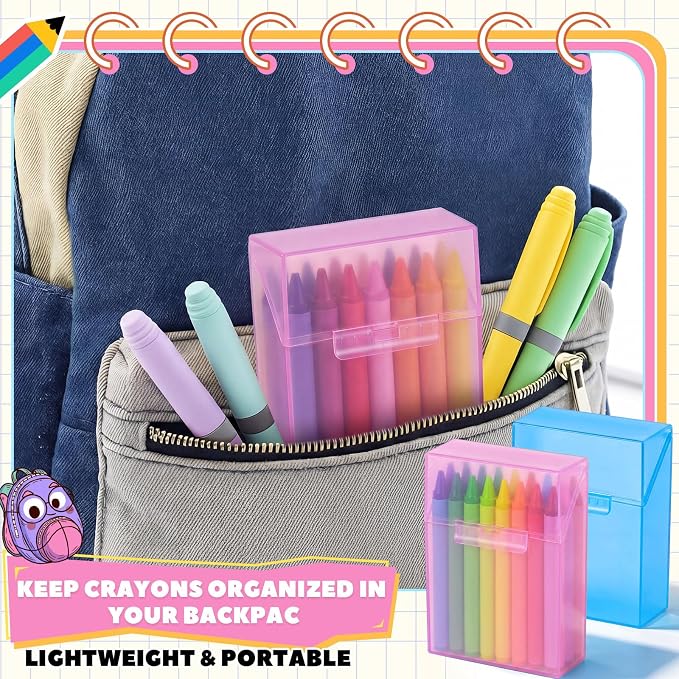 Clabby 4 Pcs Plastic Crayon Organizer Case for 24 Count Crayons Kids Art Supply Storage Box with Lid, Portable Holder for Classroom Home Travel, Fits Standard 24-Pack Crayon (Blue,Pink)