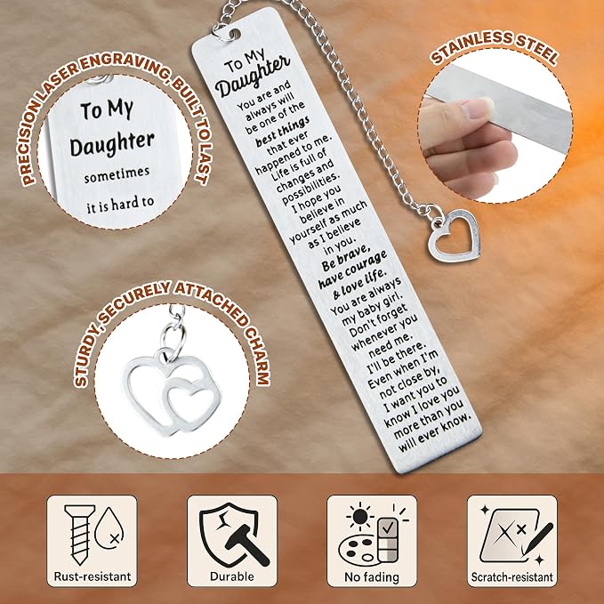 Daughter Metal Bookmark – Inspirational Graduation Gift for Daughter, Birthday Gifts for Daughter Girl, College Graduation Daughter Gift from Mom, Stainless Steel Bookmark Metal Bookmarks for Women