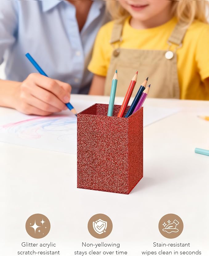 Red Glitter Acrylic Pen Holder, Acrylic Makeup Brush Storage Organizer, Pencil Pen Holder for Desk, Modern Desktop Accessories for Office School Home Supplies