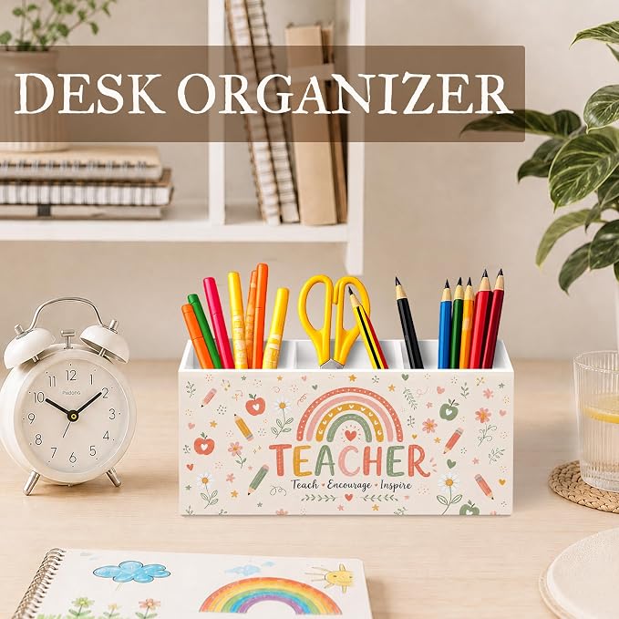 Teacher Gifts Pen Pencil Holder for Desk, Teachers Appreciation Gifts, Boho Rainbow Teach Encourage Inspire Wooden Pencil Holder Organizer Desk Accessories Decor for Home Office Desk Tabletop