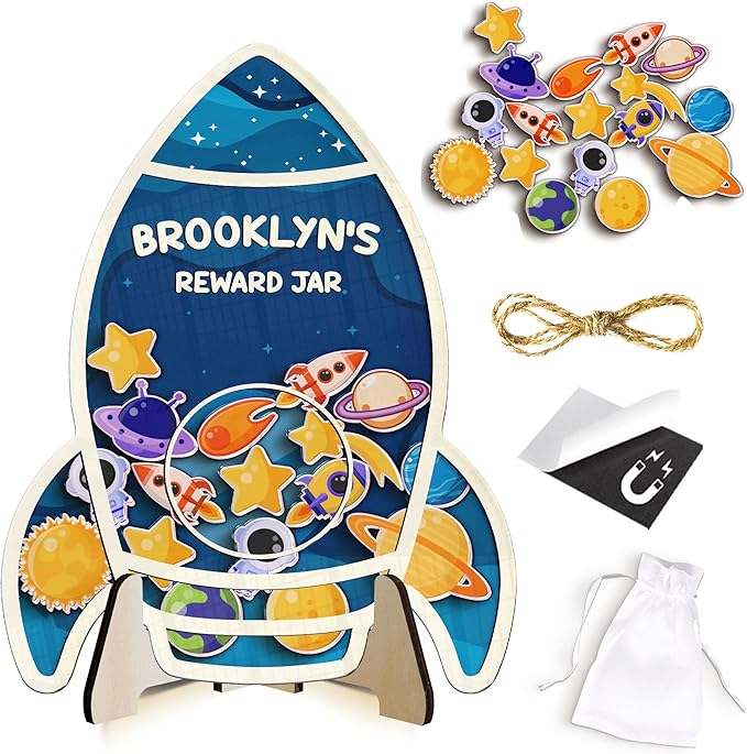 Personalized Rocket Ship Magnetic Reward Jar Colorful for Kids Potty Training Magnetic Token Good Behavior System Toddler Reward Routine Tool Back to School Gift for Boys Girls Classroom & Home Decor