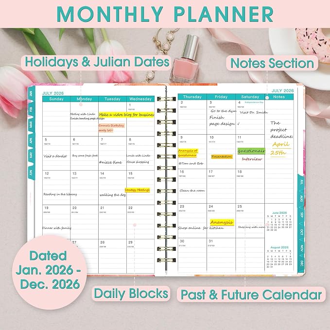 Ymumuda 2026 Planner, Daily Weekly and Monthly Planner，Jan 2026 - Dec 2026, 8.4" x 6.3", 2026 Calendar Planner Book with Tabs, Spiral Notebook with Inner Pocket for Office Home School Supplies