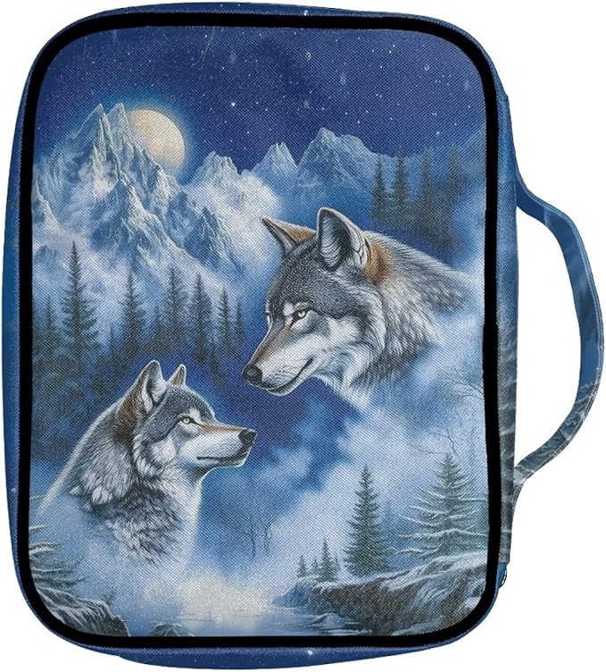 Suobstales Wolf Mountain Forst Moon Print Bible Covers for Women Men Lightweight Bible Bag Bible Accessories with Handle and Zippered Pocket Bible Tote Bag for Kids