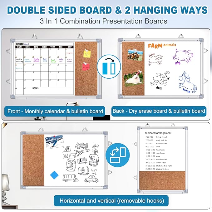 Calendar Whiteboard for Wall, 36" x 24" Double Sided Monthly Dry Erase Board Calendar for Office, Home, School, Hanging Cork Board White Board Combo, Portable Magnetic Dry Erase Planner Board