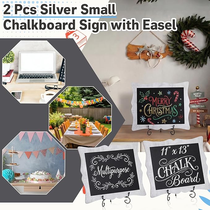 Novabright 2 Pack Small Chalkboard Sign with Easel 11" X13" Silver Border Hanging Freestanding Framed Chalkboard Tabletop Sign for Countertop Kitchen Weddings Restaurant Menus