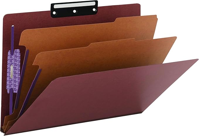Smead Pressboard Classification Folder with SafeSHIELD Fasteners, 1/3-Cut Flat Metal Tab, 2 Dividers, 2" Exp., Legal Size, Red, 10 per Box (19230)