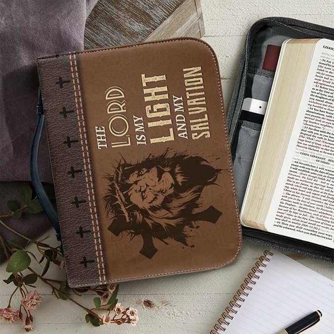 Retro Religious Style Bible Case with Bookmark Waterproof Bible Cover Case for Women Lightweight Bible Bag with Handle Pockets Church Book Bag Brown