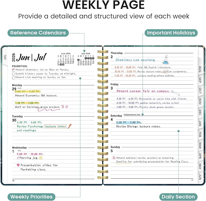 Planner 2026-2027, Academic Monthly and Weekly Calendar Planner for Women, July 2026 - June 2027, Hardcover Pretty Agenda Planner Book with Tabs, Spiral Daily Organizer for School Office Home Supplies, 6.3" x 8.5" - Whale Dreams