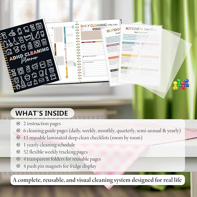 ADHD Cleaning Planner for Adults Women – Reusable Laminated Deep Clean Checklists, Gentle Daily & Weekly Cleaning System, 100 GSM No-Bleed Paper, Waterproof PVC Cover, Spiral Bound Calendar Planner for Overwhelmed Homes