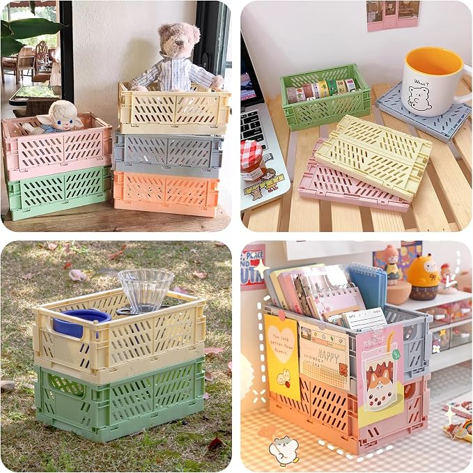 4 Pcs Collapsible Storage Crates, 10x5.9x4 inches Space-Saving Folding Containers, Stackable Plastic Boxes for Home Kitchen Office Bedroom Bathroom, Beige