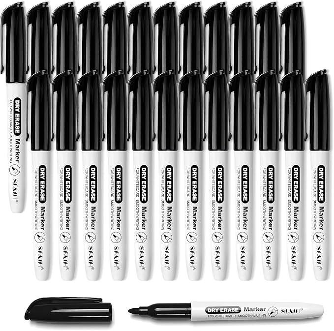 SFAIH Black Dry Erase Markers Fine Tip - 24 Pack Whiteboard Markers For High-Volume Offices, Schools, Conference Rooms | Bulk Pack of Low-Odor