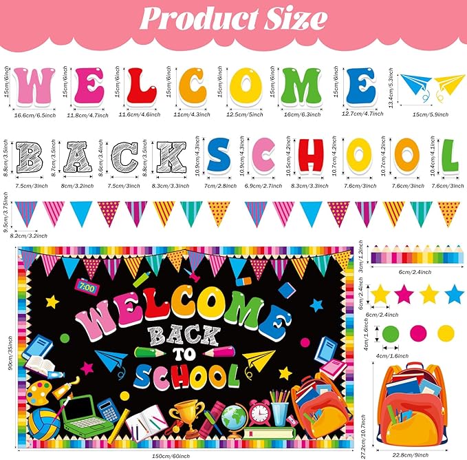 Justforjoyful Welcome Back to School Bulletin Board Decorations First Day of School Theme Classroom Bulletin Board Border Set Pencil Notebook Schoolbag Paper Cutouts Preschool Chalkboard Wall Decor