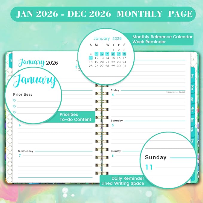 2026 Planner - Planner 2026 Weekly and Monthly, Jan 2026 - Dec 2026, 6.3’’ × 8.4’’, 12 Monthly Tabs, Hardcover, Elastic Closure, Inner Pocket