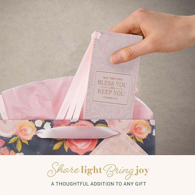 Christian Art Gifts Pink Floral Faux Leather Encouraging Scripture Bookmark for Women: Bless You & Keep You Golden Inspirational Bible Verse, Cute Satin Ribbon Markers for Reading, Marking Book Pages