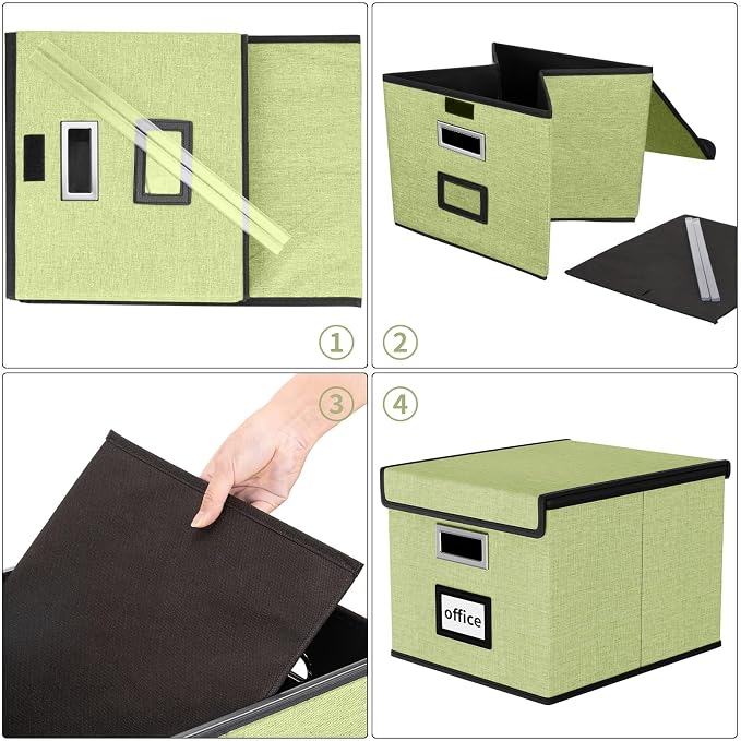File Organizer Box with Lid, Collapsible File Folder Organizer for Office Document Storage, Filing Box with Plastic Slide for Letter Size Hanging File Folders(1 Pack, Green)