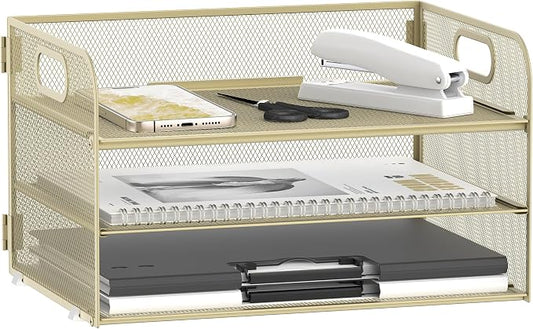 DALTACK 3 Tier Paper Organizer with Handle, Mesh Metal Desk Organizer with Sliding Paper Trays for Letter/A4 Paper, Mail, Bills & Folders, Yellow