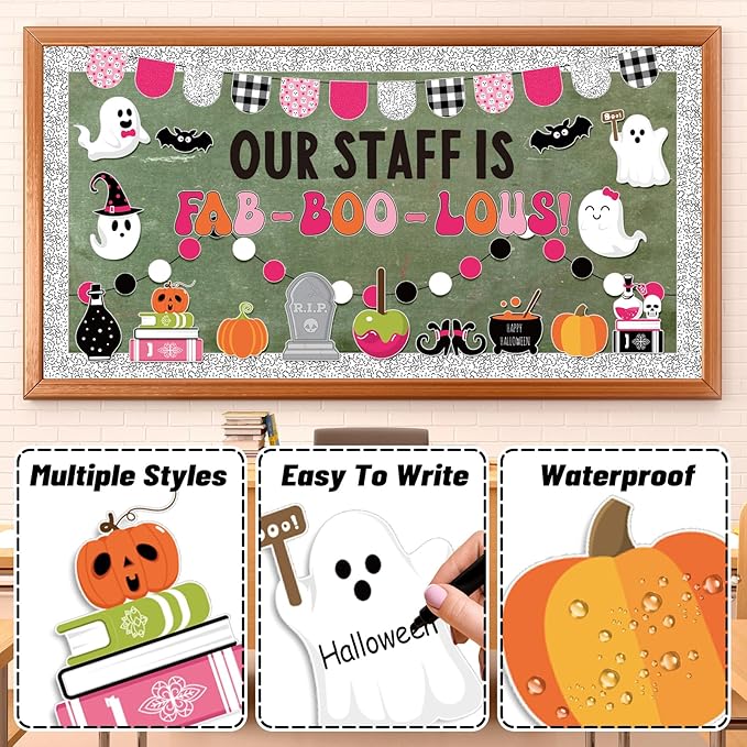 JarThenaAMCS 97Pcs Halloween Ghost Bulletin Board Decoration Set Pink Cute Ghost Boo Pumpkin Paper Cutouts with 100Pcs Glue Points for Halloween Birthday Party Classroom