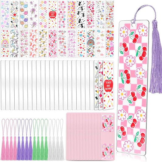 16 Set Acrylic Bookmark Blanks, 16 Sheets UV DTF Stickers 4 Colors Tassels Clear Packing Bags and Pink Bookmark Display Card for Hanging Tag, DIY Crafts, Gift, Bookmarks