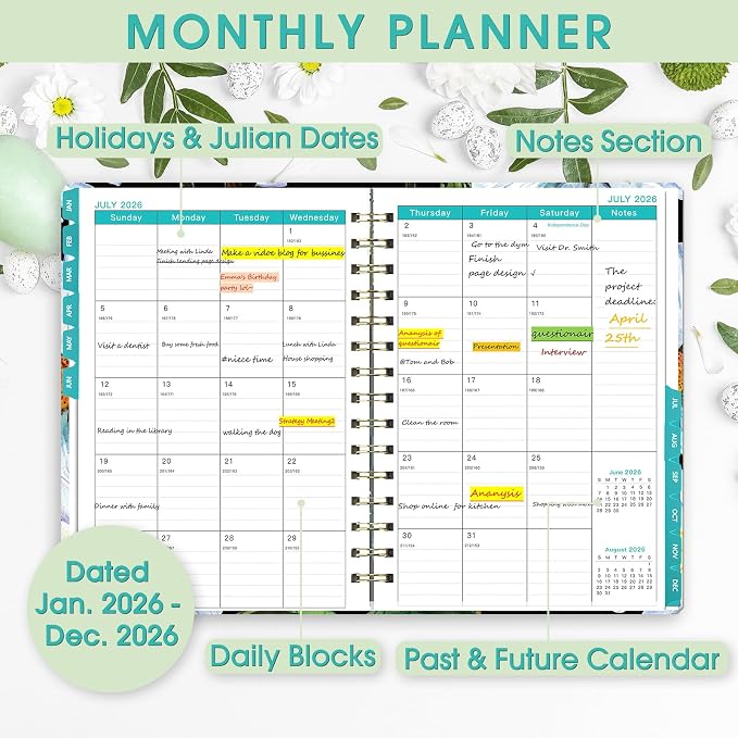 Ymumuda 2026 Planner, Daily Weekly and Monthly Planner，Jan 2026 - Dec 2026, 8.4" x 6.3", 2026 Calendar Planner Book with Tabs, Spiral Notebook with Inner Pocket for Office Home School Supplies