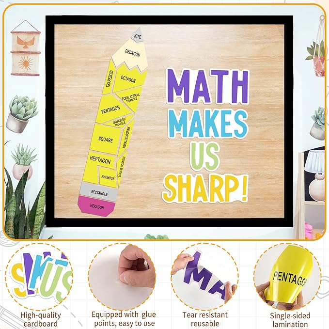 Math Bulletin Board Decorations Sets, Pencil Decorations for Classroom, Educational Math Makes Us Sharp Paper Cutouts for Back to School Math Classroom Supplies Window Wall Door Decor