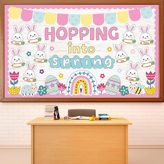 Spring Easter Bunny Bulletin Board Set Hopping Into Spring Classroom Decor Easter Egg Flowers Rainbow Writable Rabbit Cutouts April Bulletin Board for Back to School Party Home Office Chalkboard Decor
