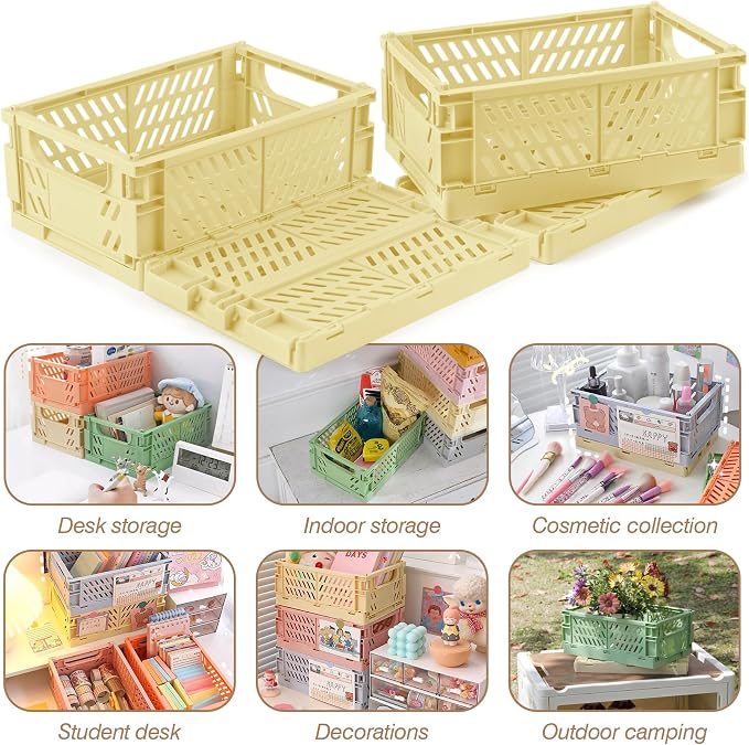 4 Pcs Collapsible Storage Crates, 10x5.9x4 inches Space-Saving Folding Containers, Stackable Plastic Boxes for Home Kitchen Office Bedroom Bathroom, Beige