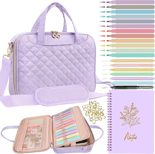 PUGPIU Bible Cover Case for Women, Large Quilted Bible Bag with Shoulder Strap and Handle, Bible Study Supplies Journaling Kit with Highlighters Pens No Bleed Tabs Notebook Cross Clips (Light Purple)