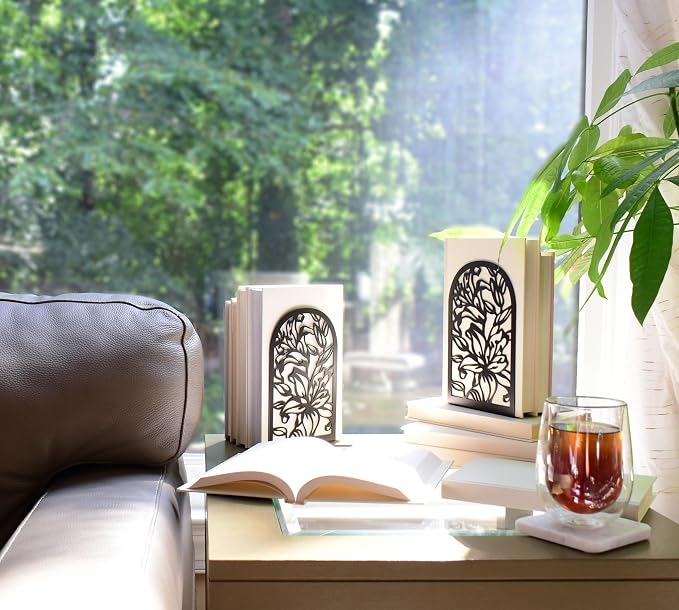CNK Premium Bookends for Home Office, Heavy Books, Decorative Book Stoppers, Lily Flower Black