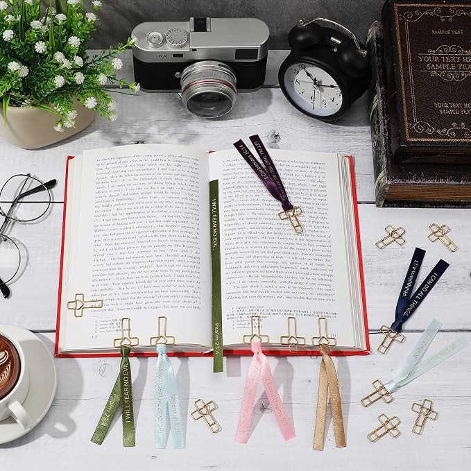 Resurhang 80 Pack Heart Cross Paper Clips with Ribbons 40 Gold Bible Paper Clips 40 Christian Bookmark Ribbons Bible Study Journaling Supplies Easter Eggs Fillers Women Christian Gifts