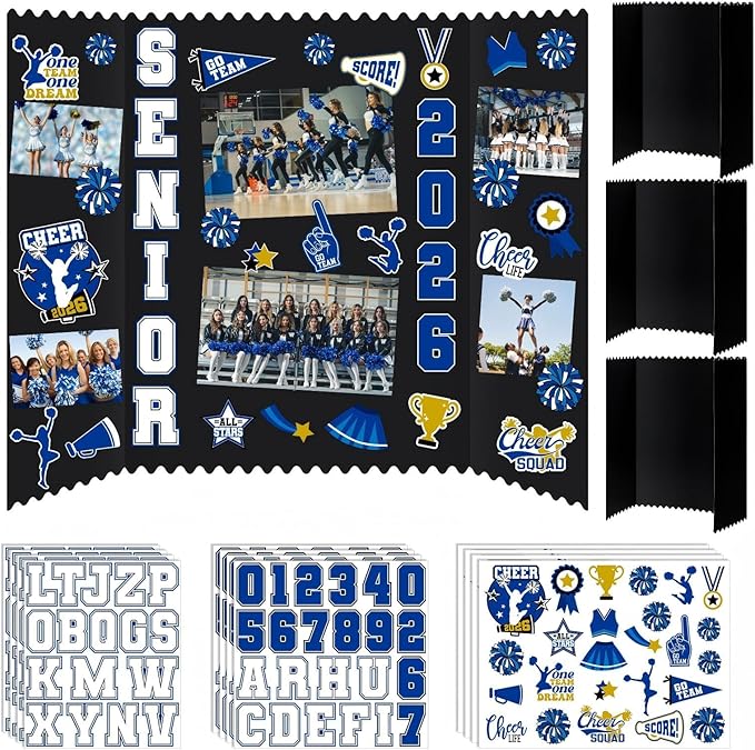 Tinlade 3 Set Cheerleading Senior Night Decorations 2026 Photo Display Board 24" x 16" Trifold Poster Board with Cheerleader Themed Stickers for Graduation Picture Frame Sport Theme Party Supplies